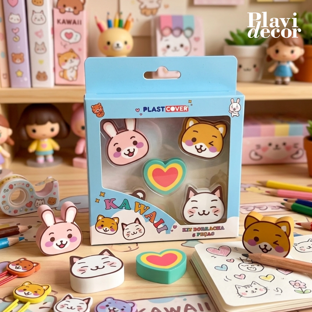 BORRACHA ESCOLAR PLASTCOVER KAWAII KIT C/ 5 PCS - Imagem 2